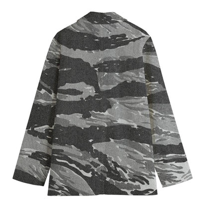 Grey Tiger Stripe Camouflage Print Women's Cotton Blazer