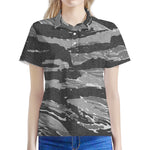 Grey Tiger Stripe Camouflage Print Women's Polo Shirt