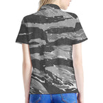 Grey Tiger Stripe Camouflage Print Women's Polo Shirt