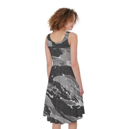 Grey Tiger Stripe Camouflage Print Women's Sleeveless Dress