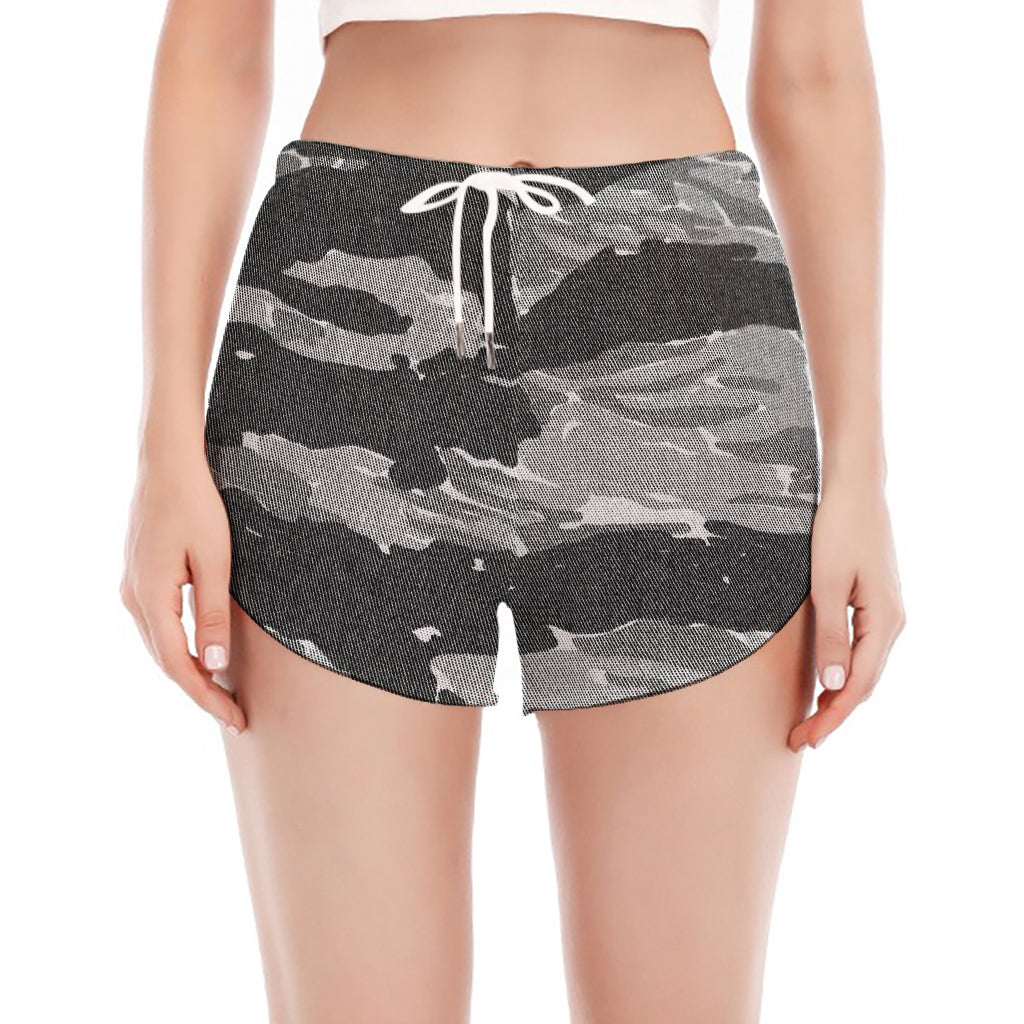 Grey Tiger Stripe Camouflage Print Women's Split Running Shorts