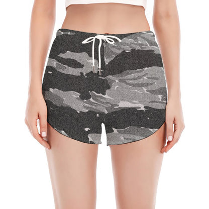 Grey Tiger Stripe Camouflage Print Women's Split Running Shorts