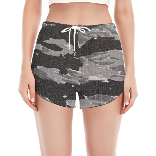 Grey Tiger Stripe Camouflage Print Women's Split Running Shorts