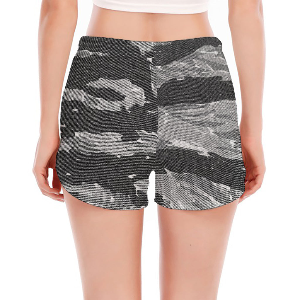Grey Tiger Stripe Camouflage Print Women's Split Running Shorts