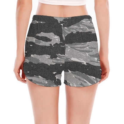 Grey Tiger Stripe Camouflage Print Women's Split Running Shorts