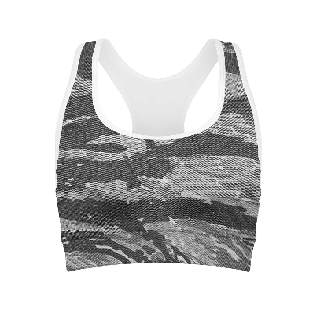 Grey Tiger Stripe Camouflage Print Women's Sports Bra