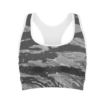 Grey Tiger Stripe Camouflage Print Women's Sports Bra