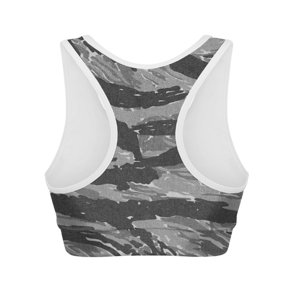 Grey Tiger Stripe Camouflage Print Women's Sports Bra
