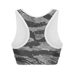 Grey Tiger Stripe Camouflage Print Women's Sports Bra