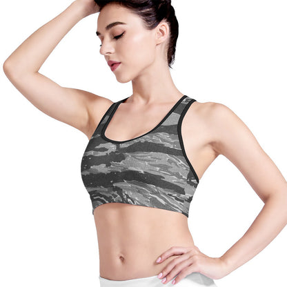 Grey Tiger Stripe Camouflage Print Women's Sports Bra