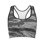 Grey Tiger Stripe Camouflage Print Women's Sports Bra