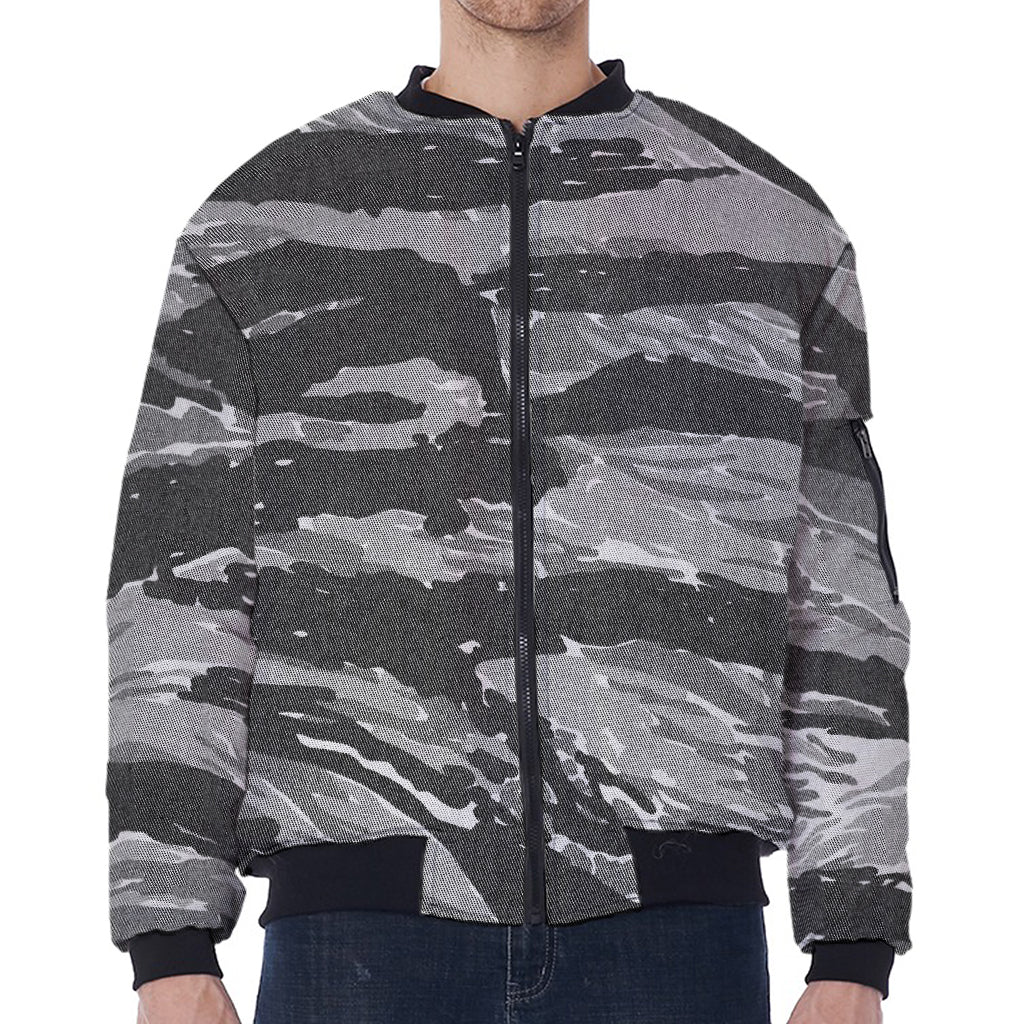 Grey Tiger Stripe Camouflage Print Zip Sleeve Bomber Jacket