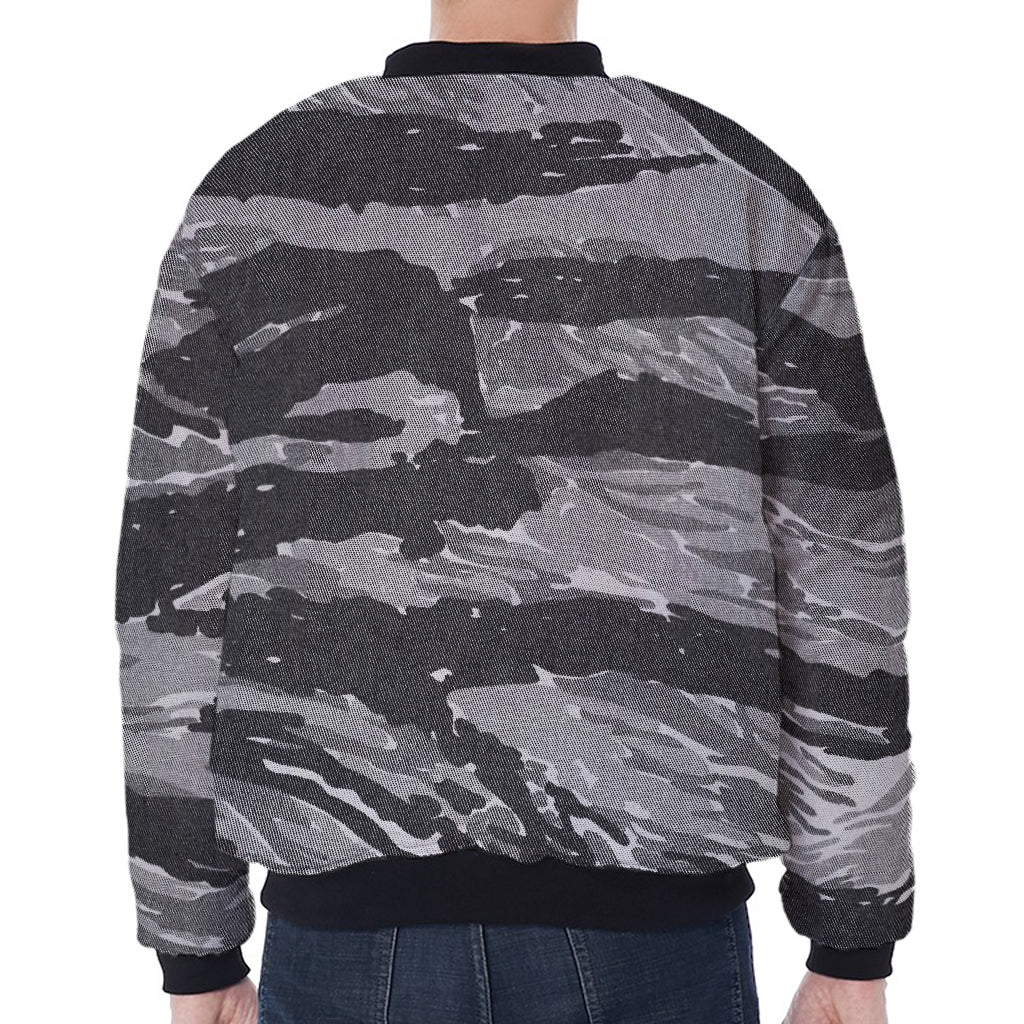 Grey Tiger Stripe Camouflage Print Zip Sleeve Bomber Jacket