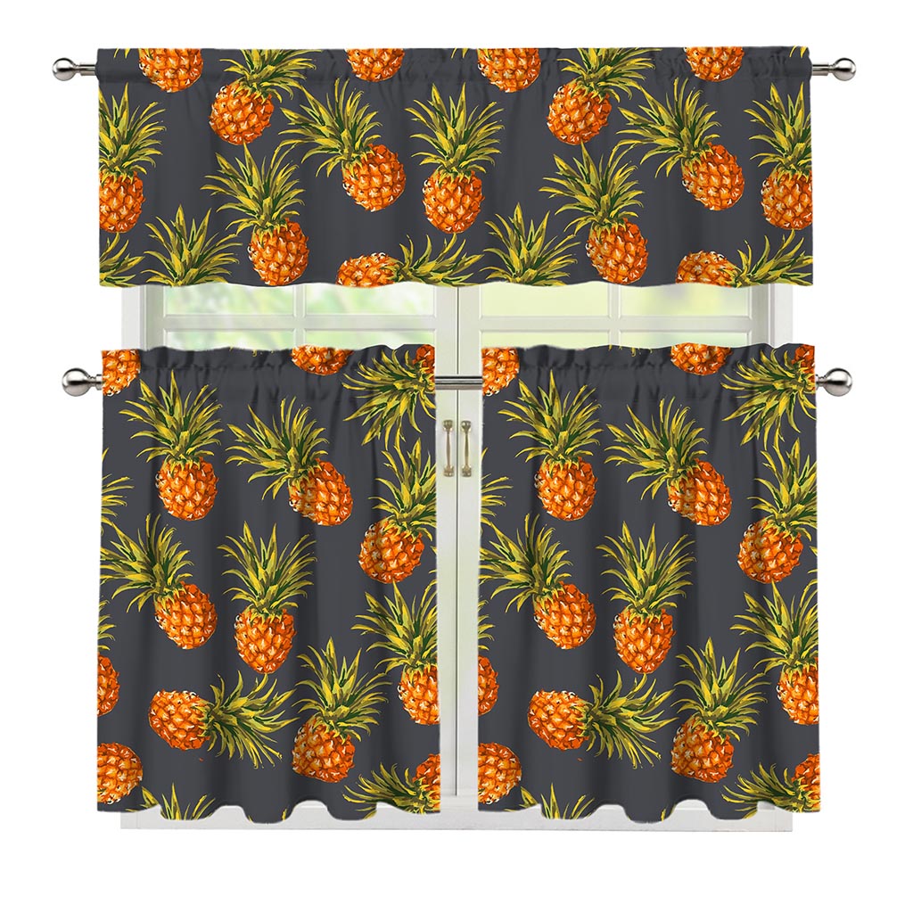 Grey Watercolor Pineapple Pattern Print 3 Piece Kitchen Curtains