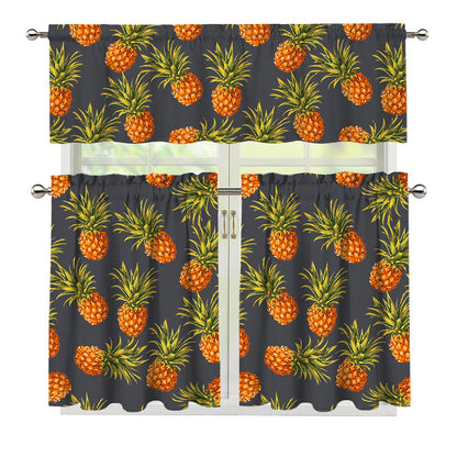 Grey Watercolor Pineapple Pattern Print 3 Piece Kitchen Curtains