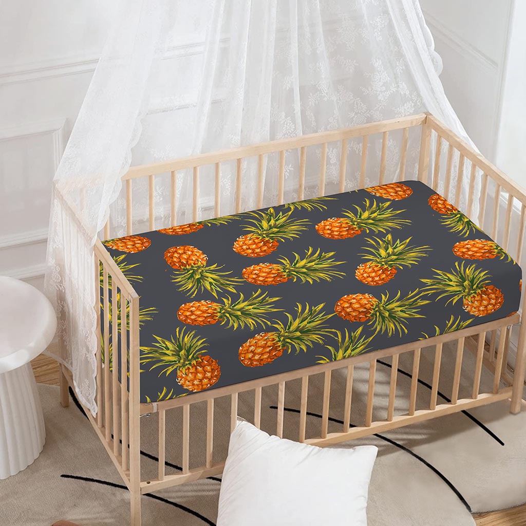 Grey Watercolor Pineapple Pattern Print Baby Crib Sheet