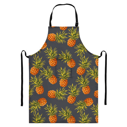 Grey Watercolor Pineapple Pattern Print Bib Apron With Pocket