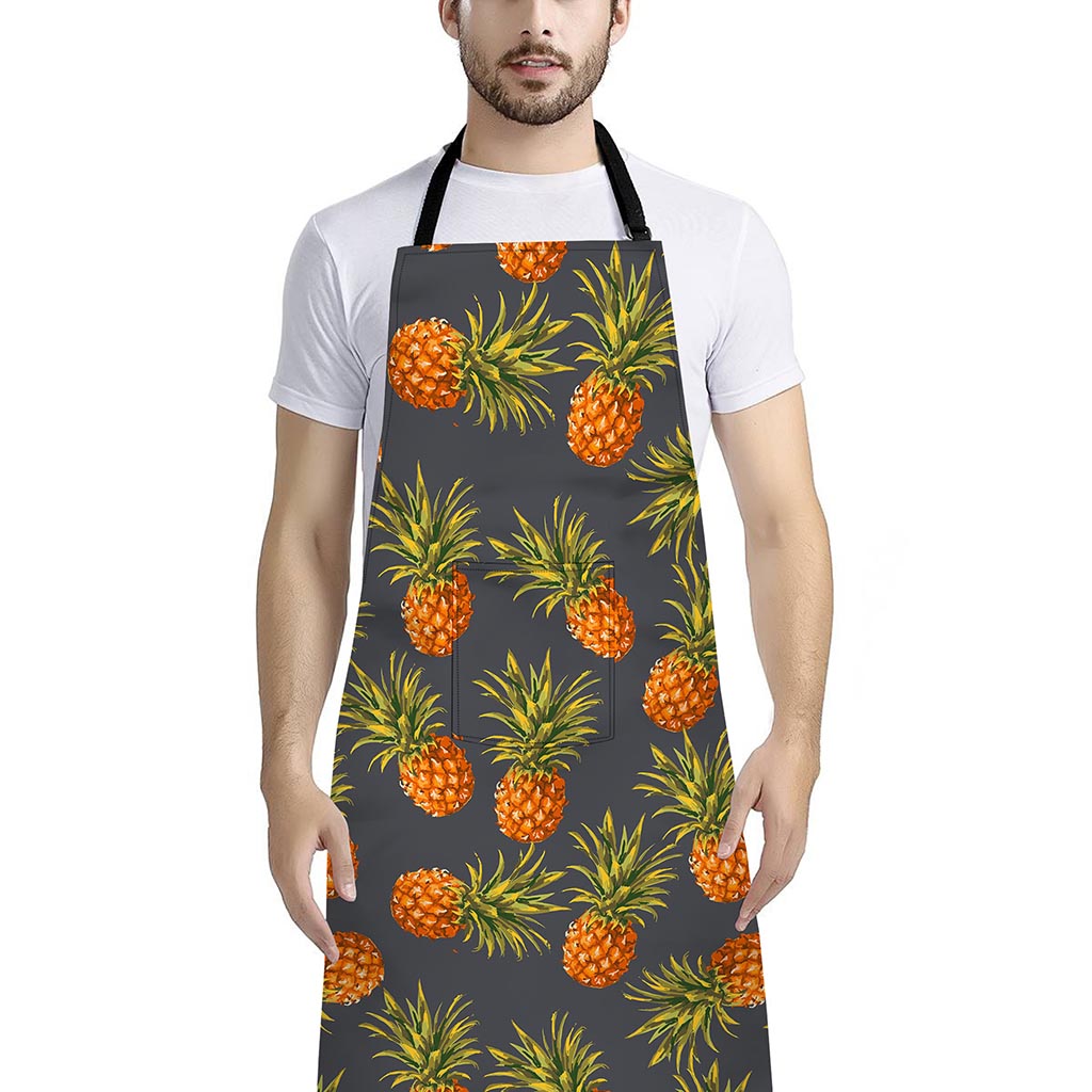 Grey Watercolor Pineapple Pattern Print Bib Apron With Pocket