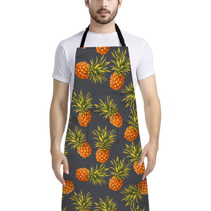 Grey Watercolor Pineapple Pattern Print Bib Apron With Pocket