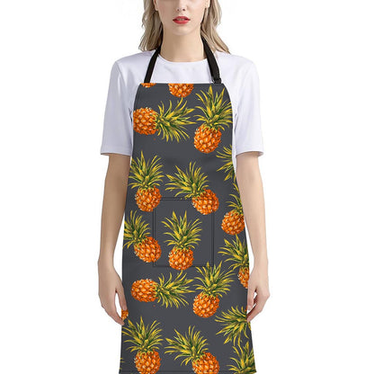 Grey Watercolor Pineapple Pattern Print Bib Apron With Pocket