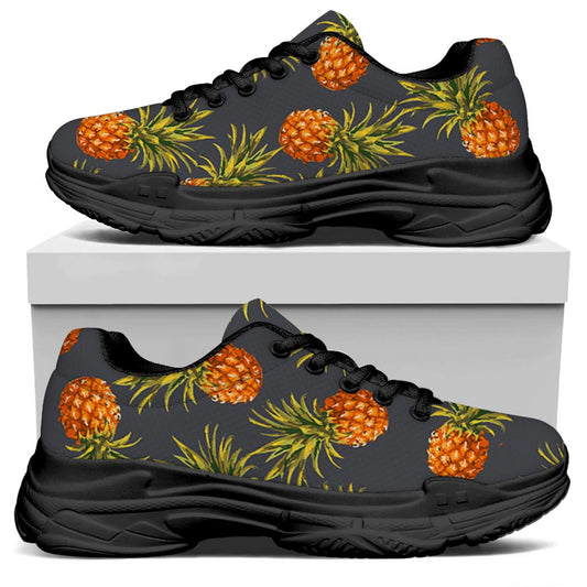 Grey Watercolor Pineapple Pattern Print Black Chunky Shoes