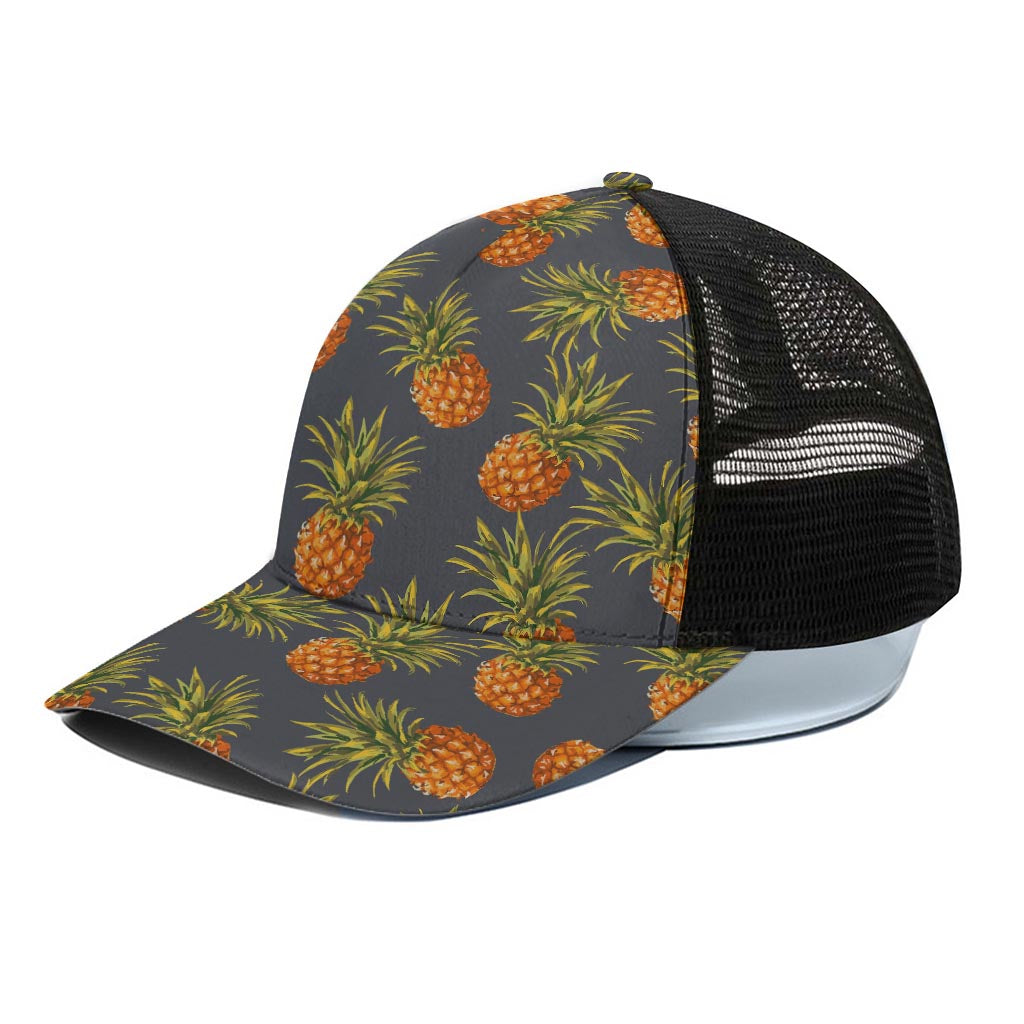 Grey Watercolor Pineapple Pattern Print Black Mesh Trucker Cap