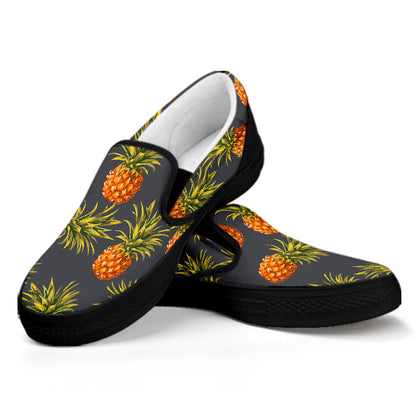 Grey Watercolor Pineapple Pattern Print Black Slip On Sneakers