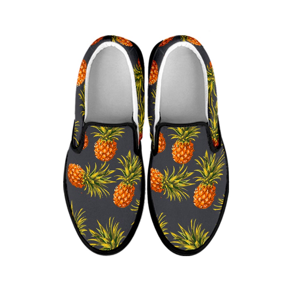 Grey Watercolor Pineapple Pattern Print Black Slip On Sneakers