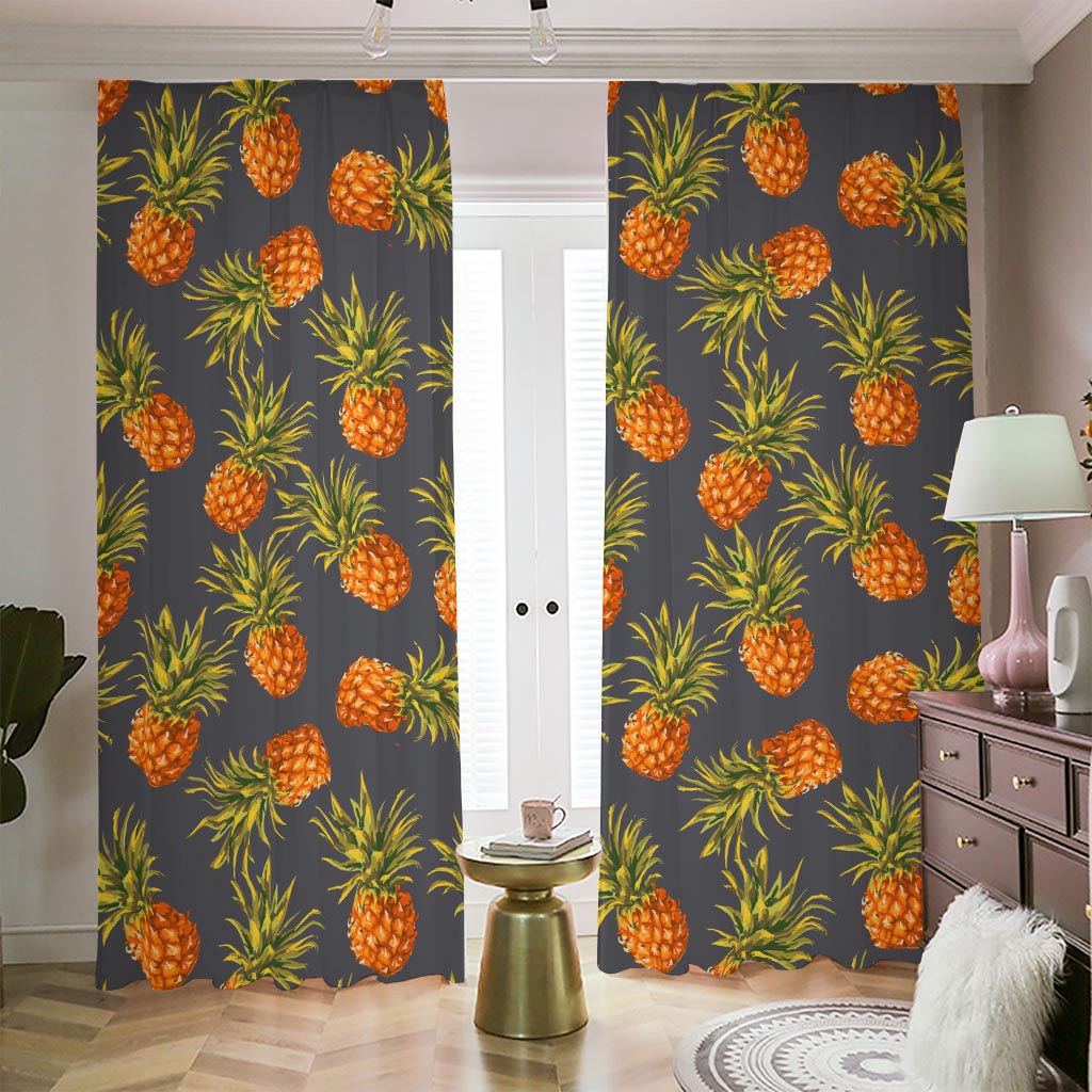 Grey Watercolor Pineapple Pattern Print Blackout Pencil Pleat Curtains