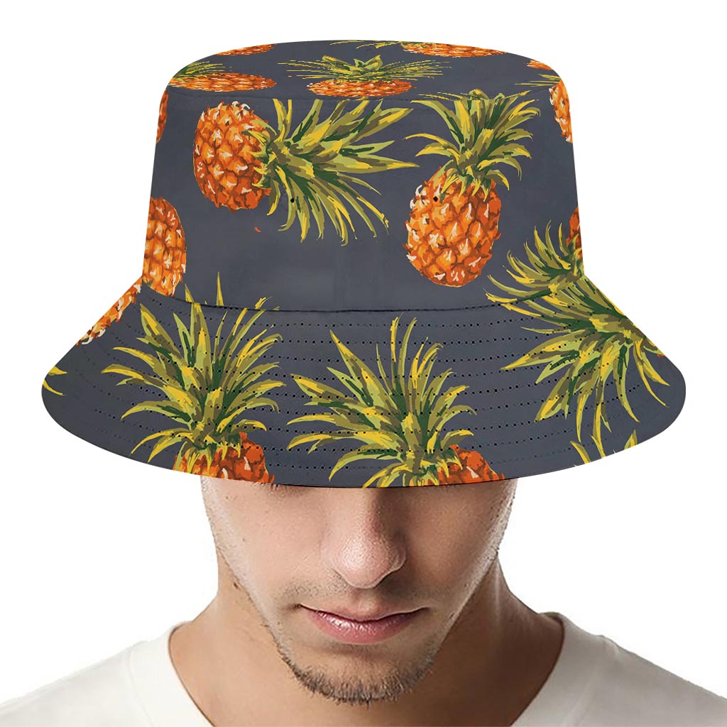 Grey Watercolor Pineapple Pattern Print Bucket Hat