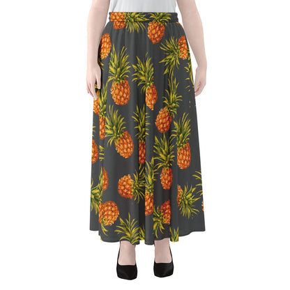 Grey Watercolor Pineapple Pattern Print Chiffon Maxi Skirt