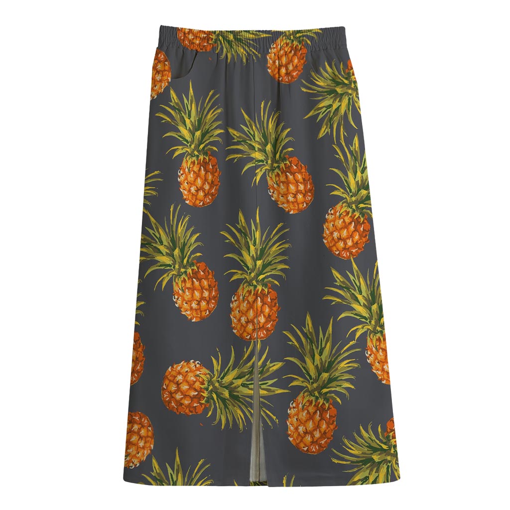 Grey Watercolor Pineapple Pattern Print Cotton Front Slit Maxi Skirt