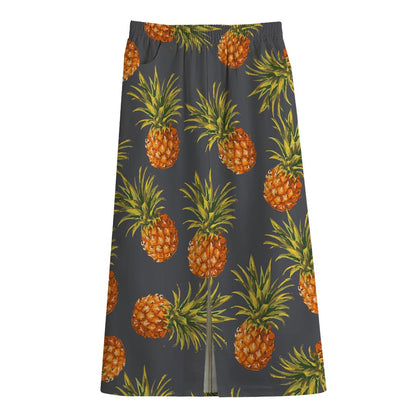 Grey Watercolor Pineapple Pattern Print Cotton Front Slit Maxi Skirt