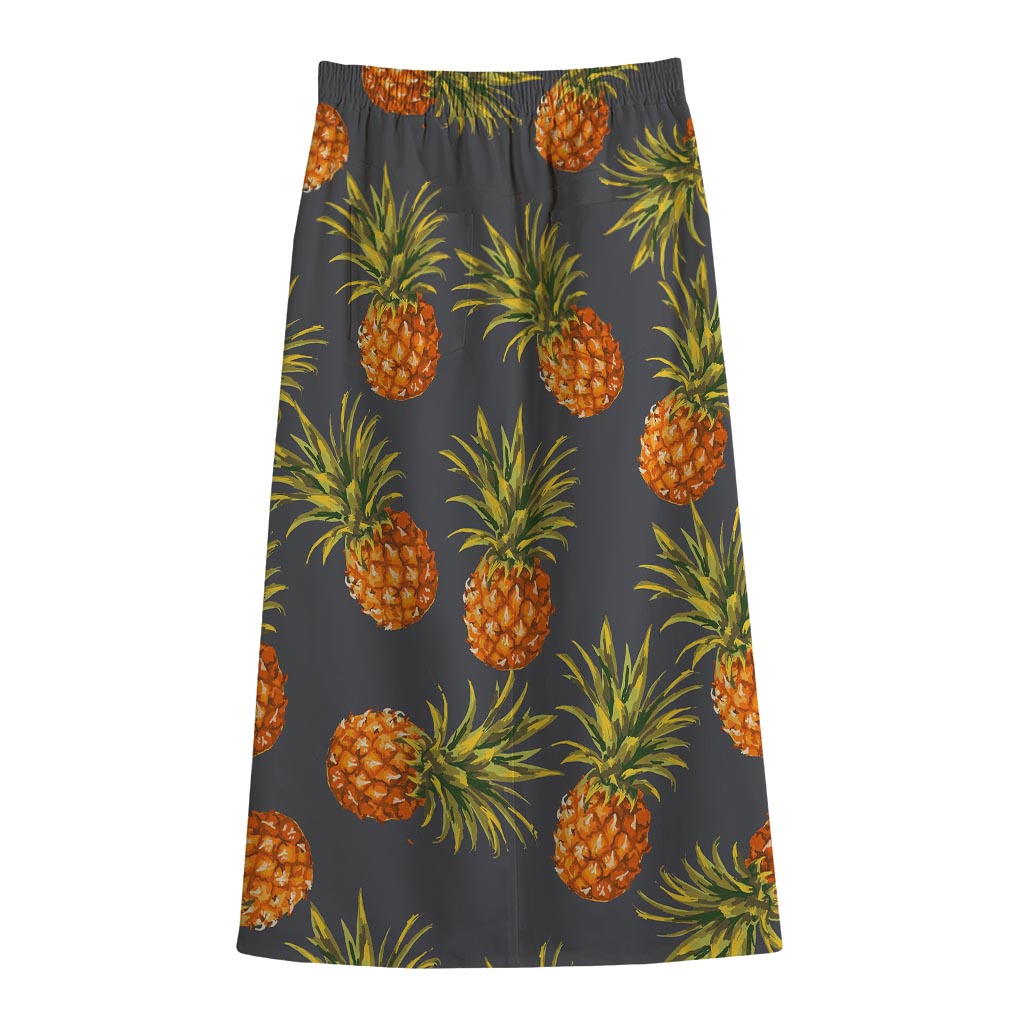 Grey Watercolor Pineapple Pattern Print Cotton Front Slit Maxi Skirt
