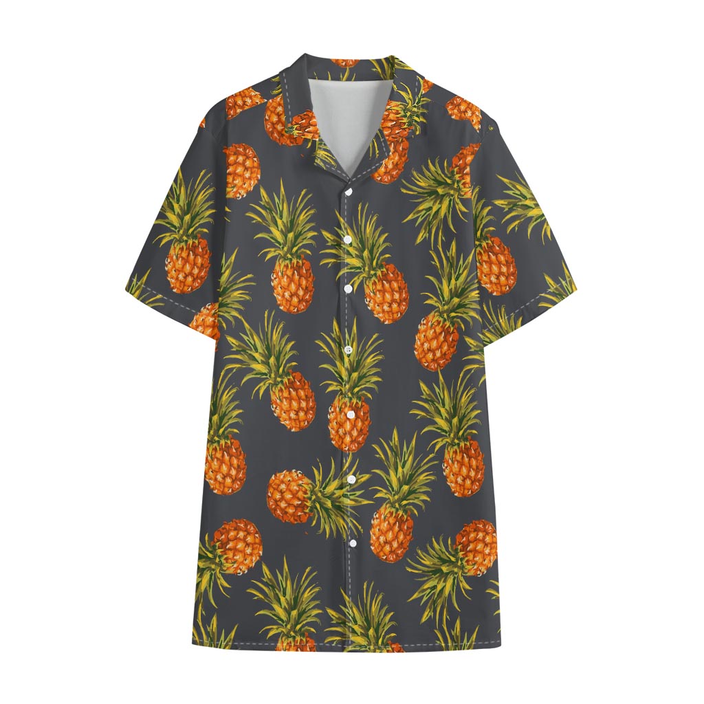 Grey Watercolor Pineapple Pattern Print Cotton Hawaiian Shirt