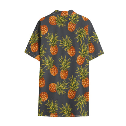 Grey Watercolor Pineapple Pattern Print Cotton Hawaiian Shirt