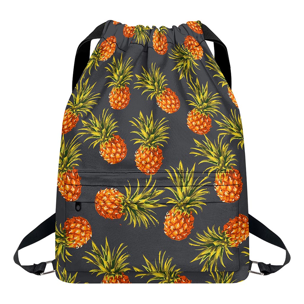 Grey Watercolor Pineapple Pattern Print Drawstring Backpack