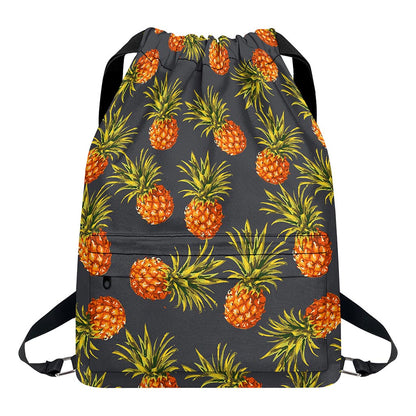 Grey Watercolor Pineapple Pattern Print Drawstring Backpack