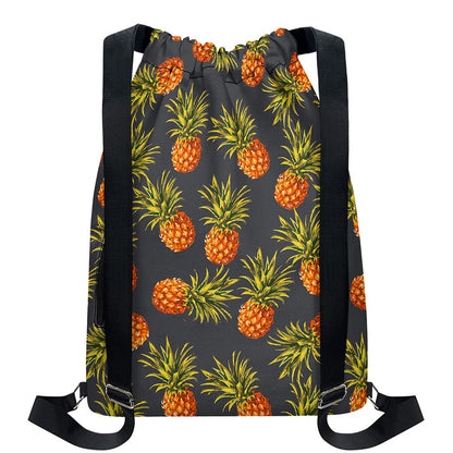 Grey Watercolor Pineapple Pattern Print Drawstring Backpack