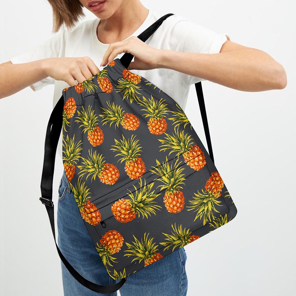 Grey Watercolor Pineapple Pattern Print Drawstring Backpack