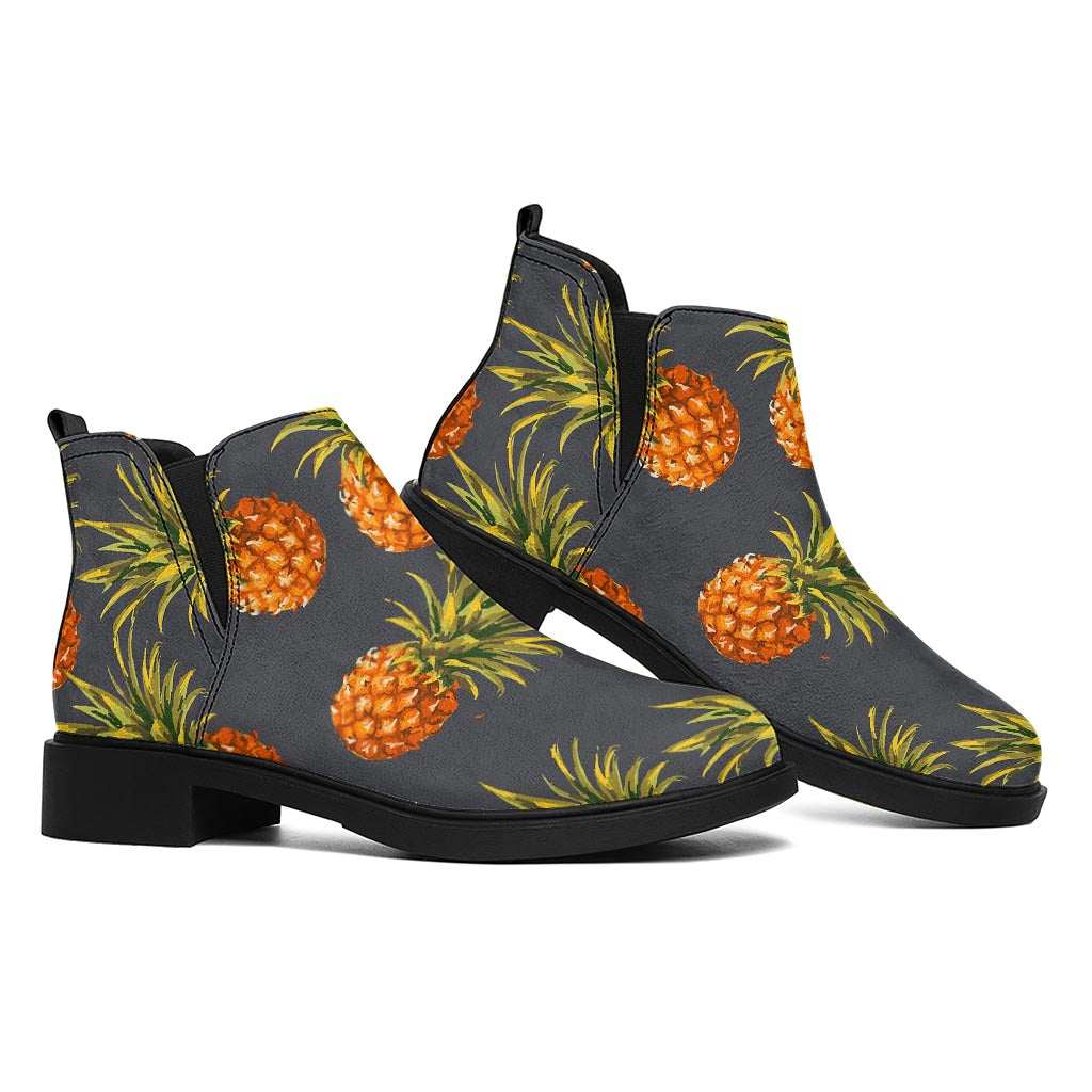 Grey Watercolor Pineapple Pattern Print Flat Ankle Boots