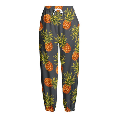 Grey Watercolor Pineapple Pattern Print Fleece Lined Knit Pants