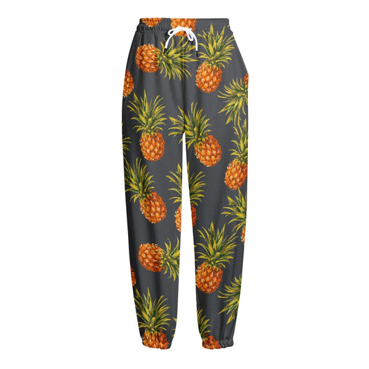 Grey Watercolor Pineapple Pattern Print Fleece Lined Knit Pants