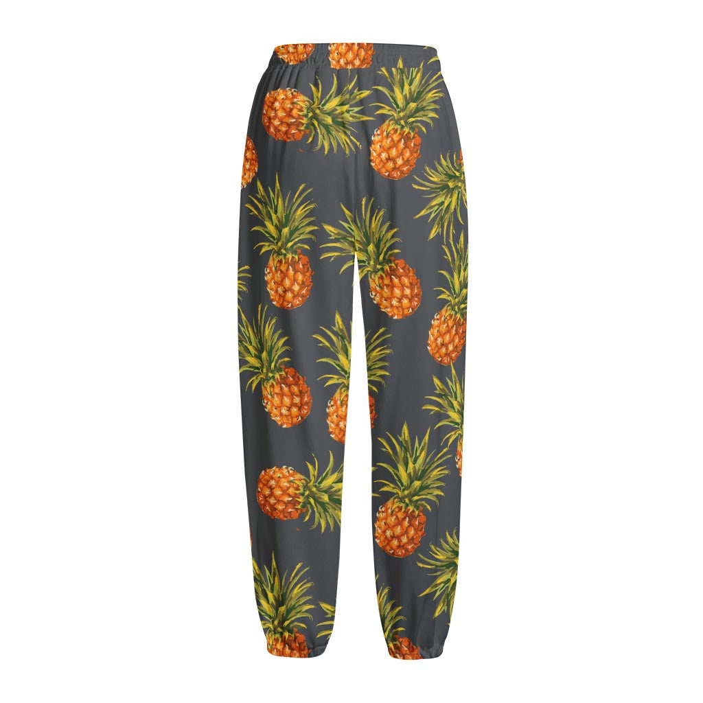 Grey Watercolor Pineapple Pattern Print Fleece Lined Knit Pants