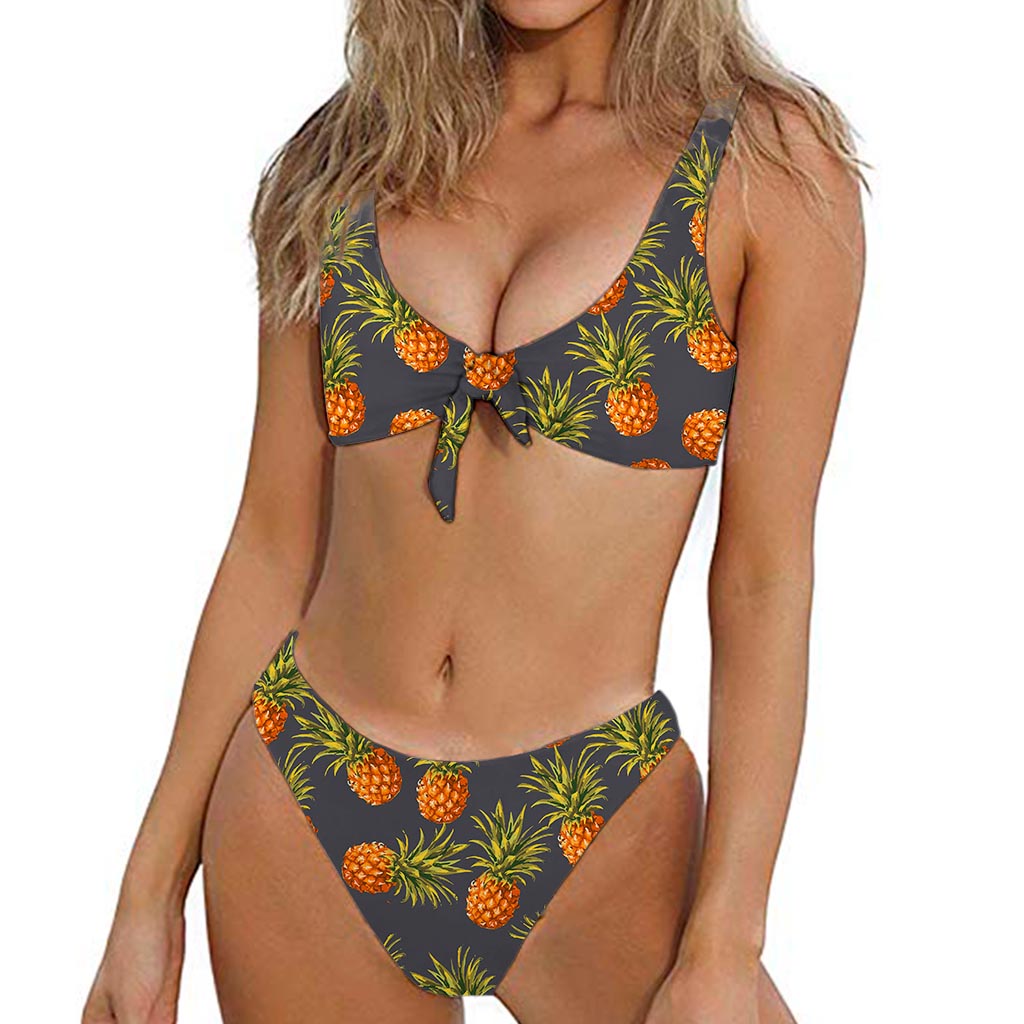 Grey Watercolor Pineapple Pattern Print Front Bow Tie Bikini