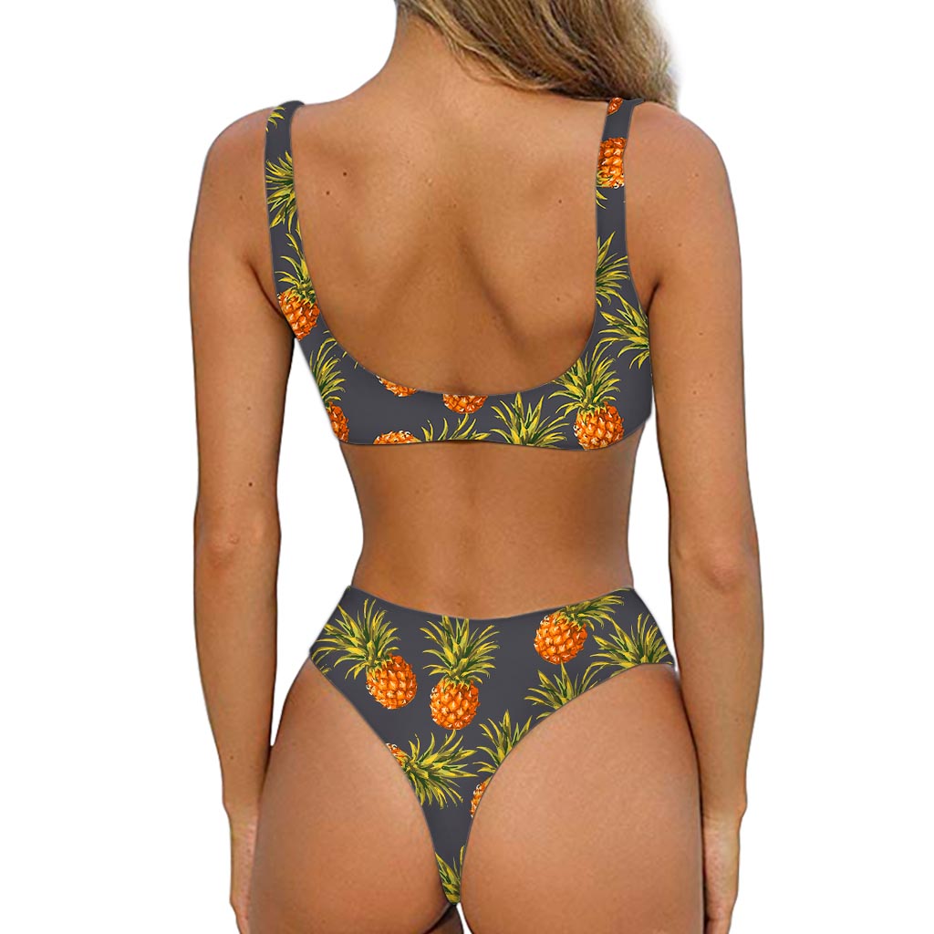 Grey Watercolor Pineapple Pattern Print Front Bow Tie Bikini