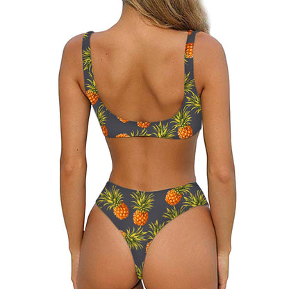 Grey Watercolor Pineapple Pattern Print Front Bow Tie Bikini