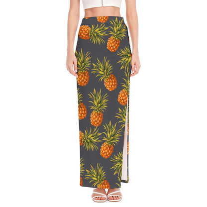 Grey Watercolor Pineapple Pattern Print High Slit Maxi Skirt