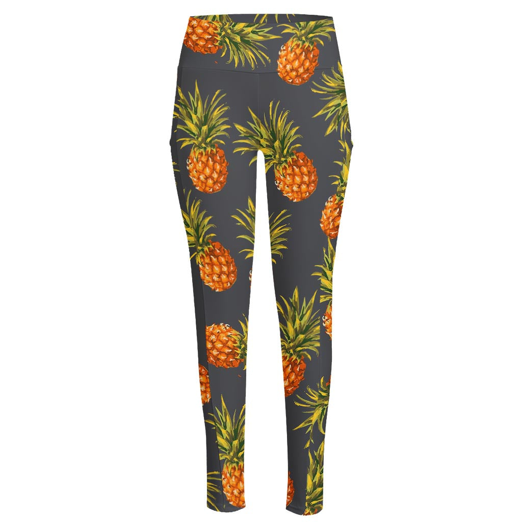 Grey Watercolor Pineapple Pattern Print High-Waisted Pocket Leggings