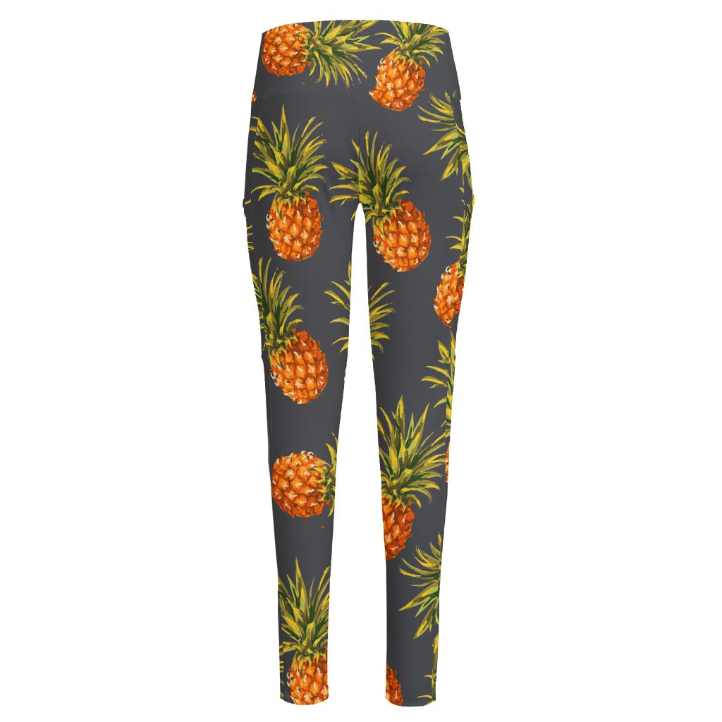 Grey Watercolor Pineapple Pattern Print High-Waisted Pocket Leggings